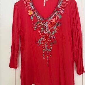 grand & greene Red Embroidered V-Neck Tunic